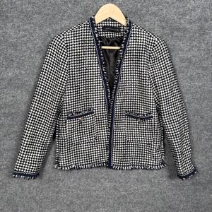 Zara Woman Large Blazer Blue Tweed Houndstooth Cotton Blend Fringe Career Office